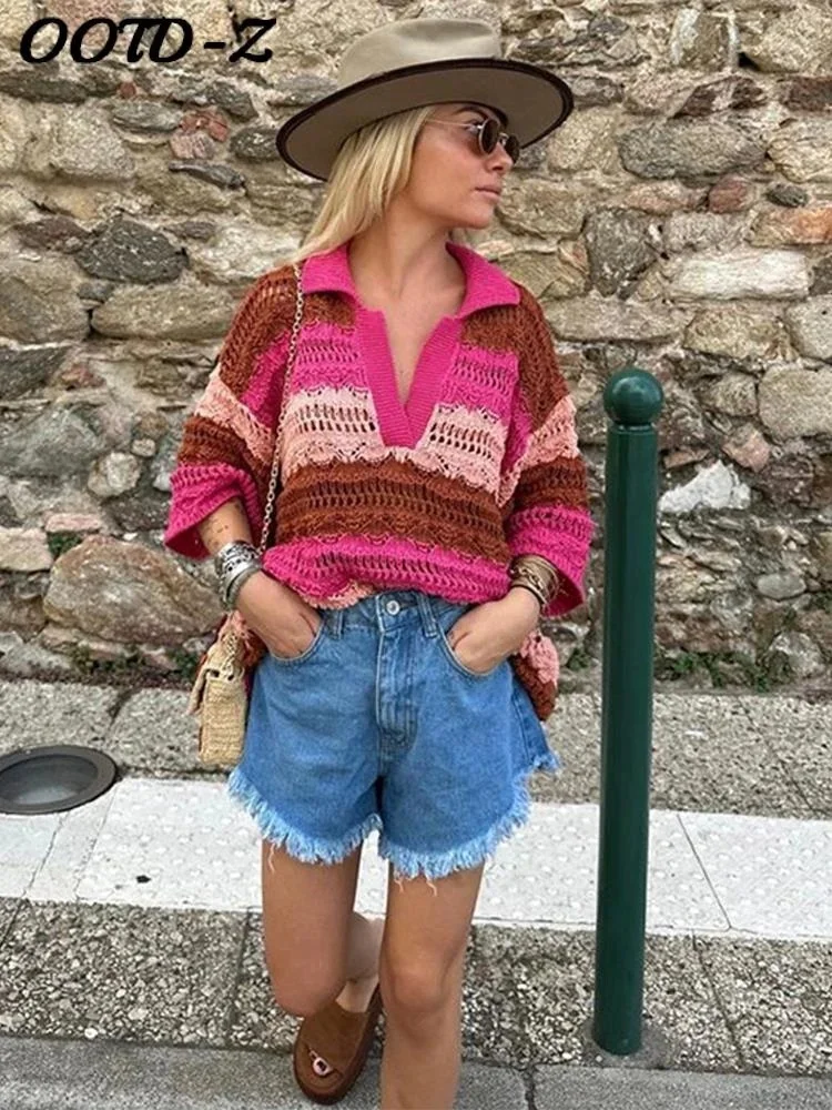 

Knit Hollow Out Colour Sweater Stripe Short Sleeve Lapel Female Pullover 2023 Summer Fashion Loose Streetwear Lady Jumper
