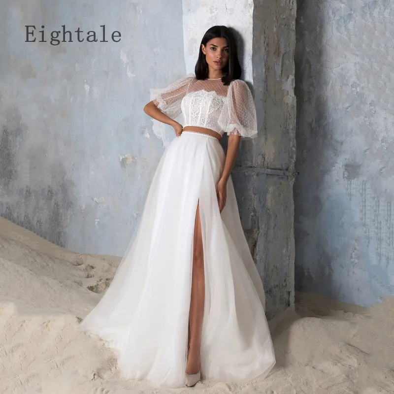 

Eightale 2022 New Boho Two Piece Wedding Dress Half Puff Sleeve Dot Tulle Sexy Side Slit Illusion Bridal Dress Vestido De Novia