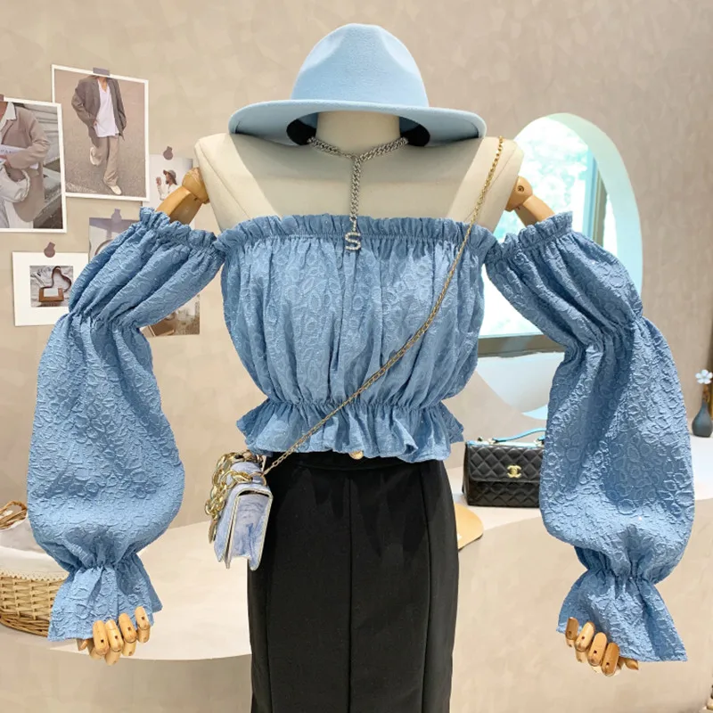 

New Women's Clothing 2022 Spring Design sense Off Shoulder Lantern Sleeve fold sweet short shirt Tops feminine blouses