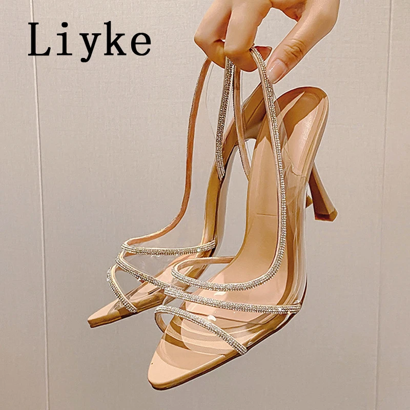 

Сандалии Liyke женские с ремешком на пятке, модные туфли-лодочки на высоком прозрачном каблуке, без застежки, с кристаллами, с открытым носком, ...