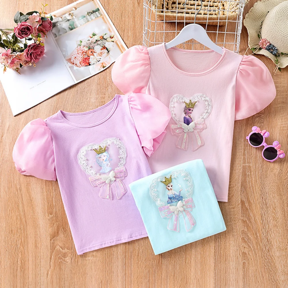 Summer Girls Short Sleeve T-shirt Top Round Neck Pure Cotton Bubble Sleeve Frozen Elsa Crown Bow Patchwork Tees for Kids 2-11Y