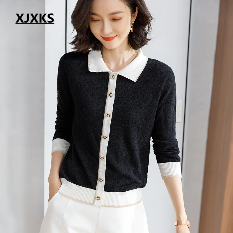 

XJXKS 2022 Autumn Latest Lapel Long-sleeved Top Women's Thin Sweater High-end Wool Knitted Pullover Свитер Женский