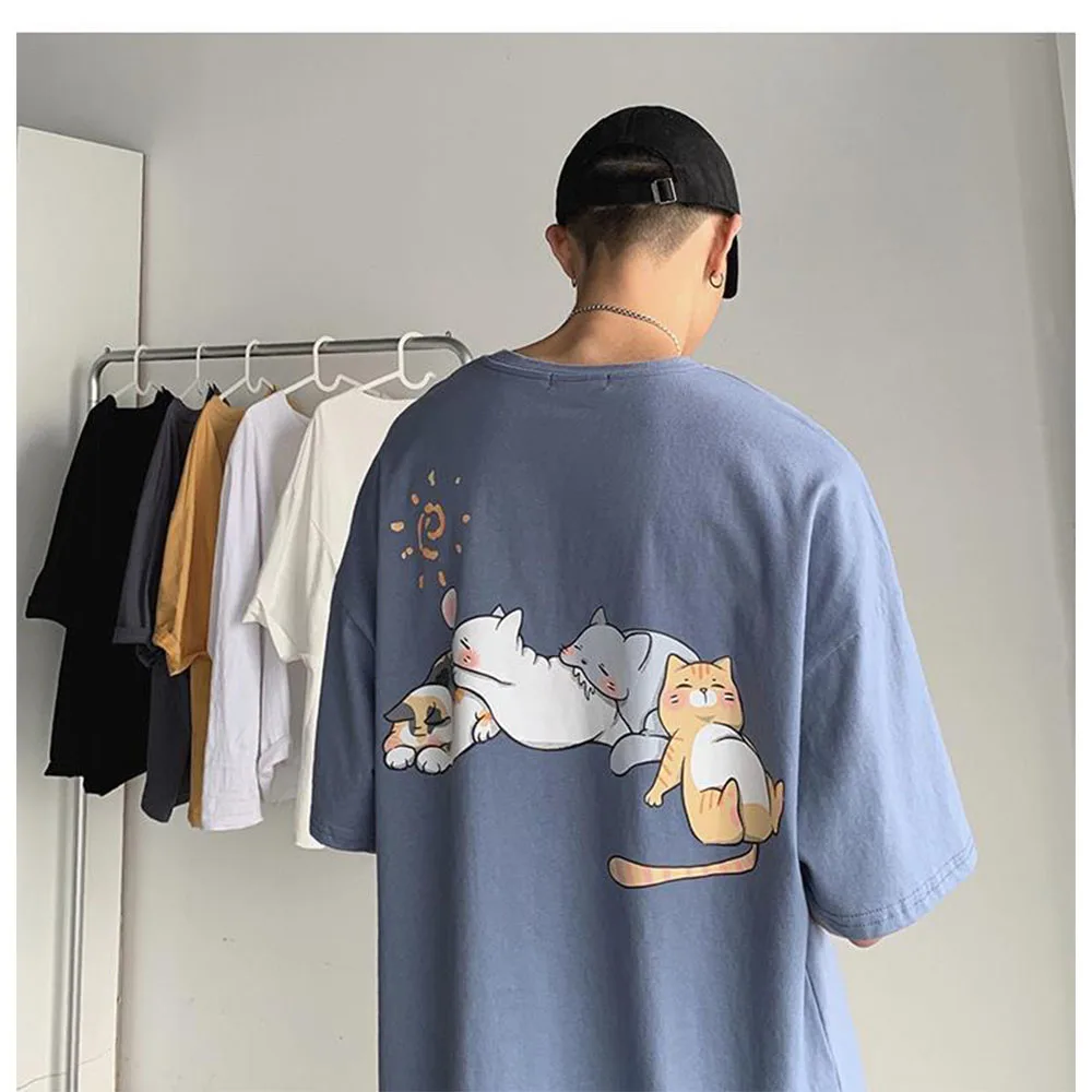 

Hot Sale Cartoon Cats Print Short Sleeve Tee Korean Cotton Graphic T Shirts Summer Mens Clothes Streetwear Unisex Breathable Top