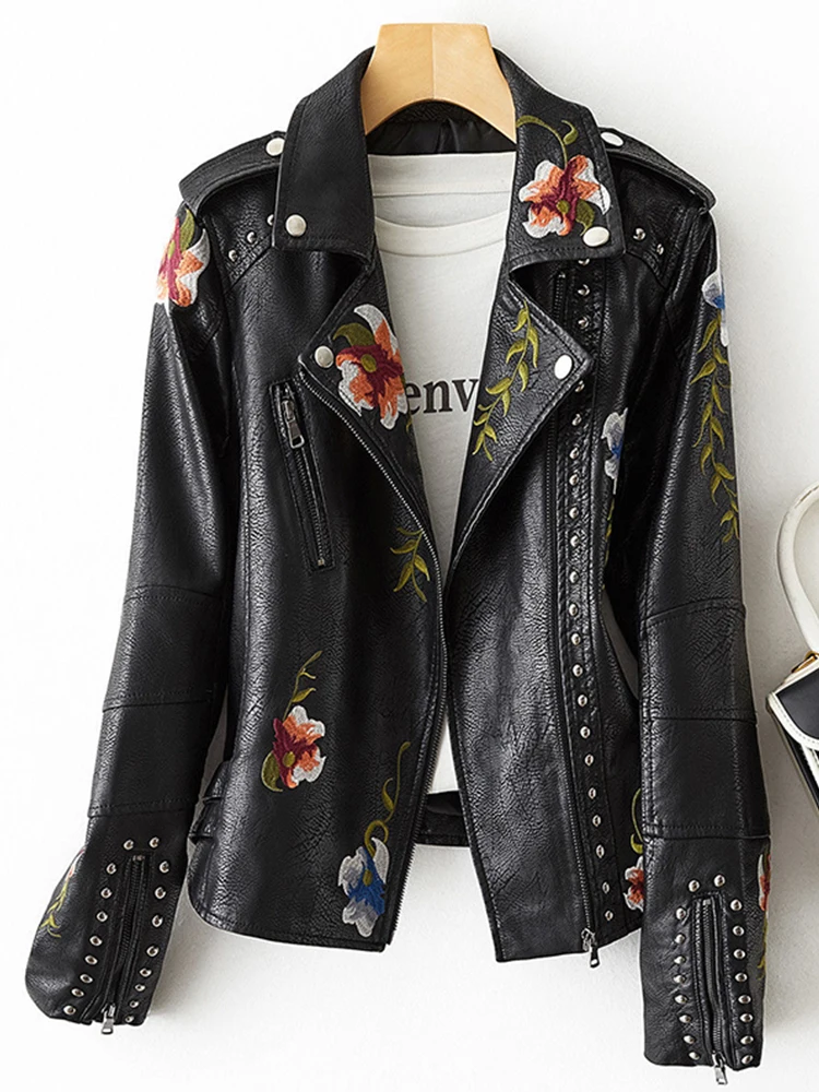 New Women Retro Floral Print Embroidery Faux Soft Leather Jacket Coat Turndown Collar Pu Moto Biker Black Punk Outerwear Coats