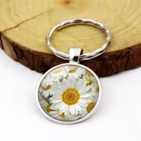 le 1pc 12 style daisy cabochon keychain keyrings pendant time jewel glass ball sunflower flower metal keyring accessories gift