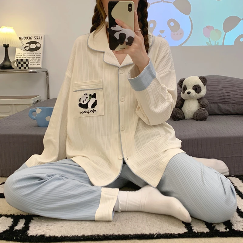 

Panda Print Women Pajamas Sets Long Sleeve Autumn Sleepwear Cute Girl Pijamas Mujer Leisure Homewear Suit