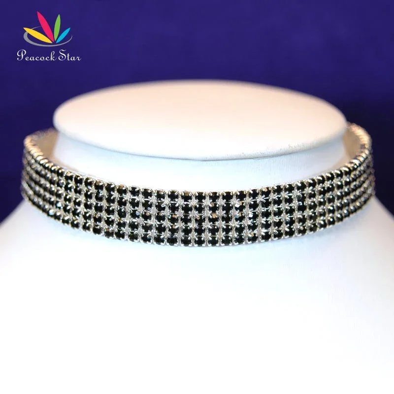 

Peacock Star Bridal Wedding Party 5 Row Stretch Black Crystal Rhinestone Choker Pageant CC015