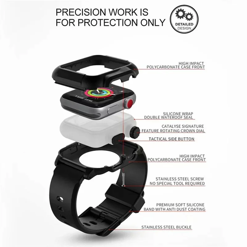 Водонепроницаемый чехол + ремешок для Apple Watch 45 мм, 44 мм, 41 мм, 40 мм, 42 мм, силиконовый ремешок для занятий спортом на открытом воздухе для iWatch 9, 8, 7, 6, 5, 4 SE (art.: 3920d7ffd52f3) - 3920d7ffd52f3