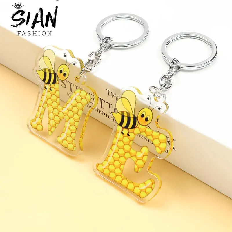 

Funny Bee A-Z Initial Letters Acrylic Keychain Cute Honeycomb English Alphabet Key Ring Women Girls Car Key Accessories Jewelry