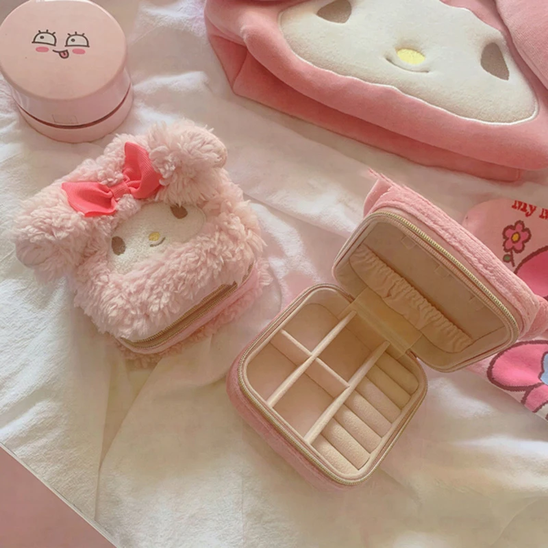 

Kawaii Sanrios Melody Kuromi плюш Ювелирные изделия Органайзер коробка для путешествий портативный чехол для хранения Органайзер держатель для сережек...