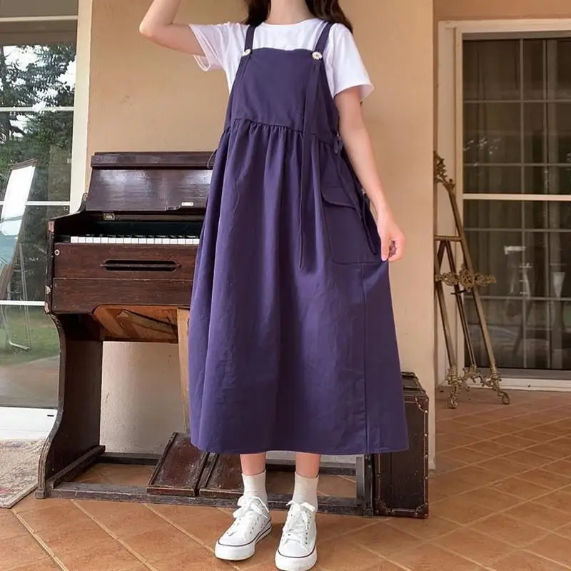 

[Pure Cotton] Suspender Skirt 2022 New Female Japanese Cute College Style Solid Color Korean Version High Waist Loose Dress