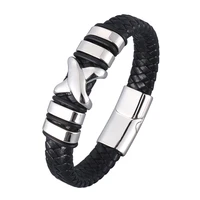 black genuine leather braided bracelet for men x stainless steel accessories bangles male fashion jewelry gifts