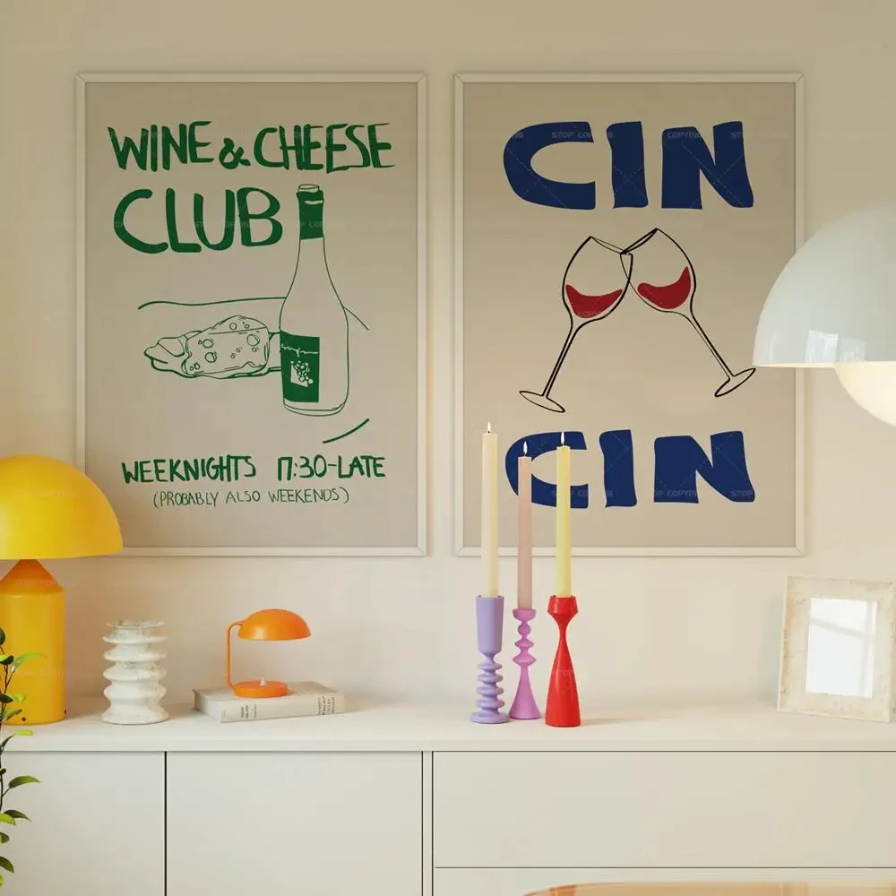 

Mid Century Modern Wine and Cheese Club Vintage Food Quotes Wall Art Canvas Painting Posters For Kitchen Room Home Decor Cuadros