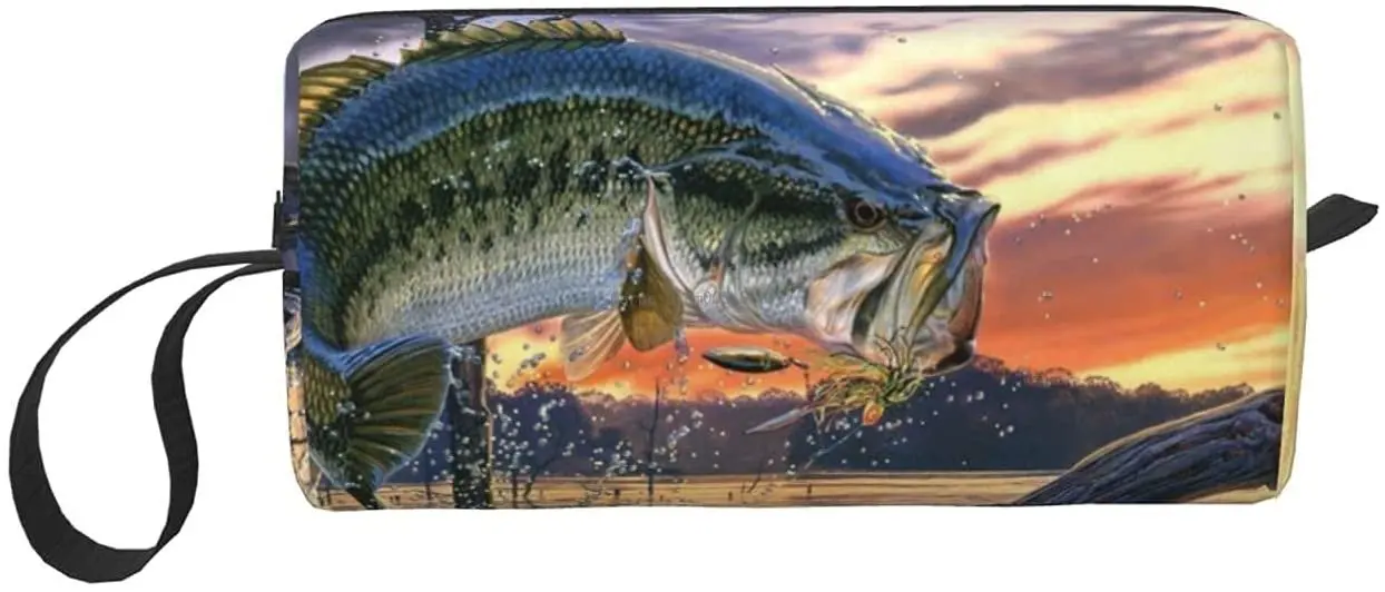 

Fishing Bass Travel Cosmetic Bag Pen Pencil Case Portable Toiletry Brush Storage, Multi-Function Makeup Carry Case with Zipper
