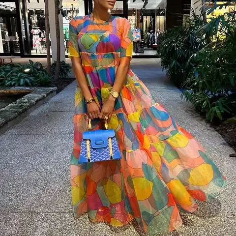 Summer O Neck Short Sleeve Long Dress New Elegant Casual Chiffon Pleated Party Dress Women Fashion Mesh Big Hem Long Beach Dress