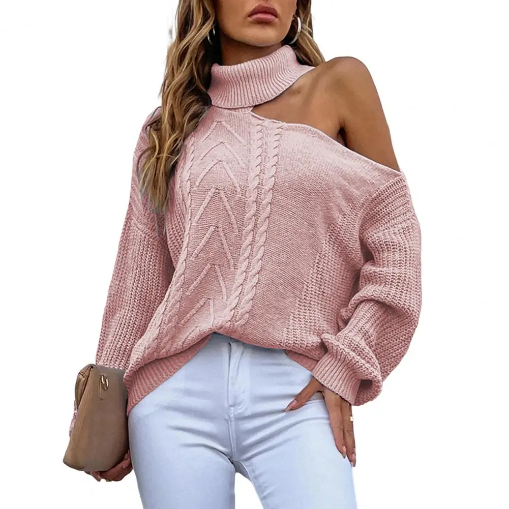 

Модный свитер, пуловер с полувысоким воротником и объемным вырезом, однотонный осенний свитер с открытыми плечами