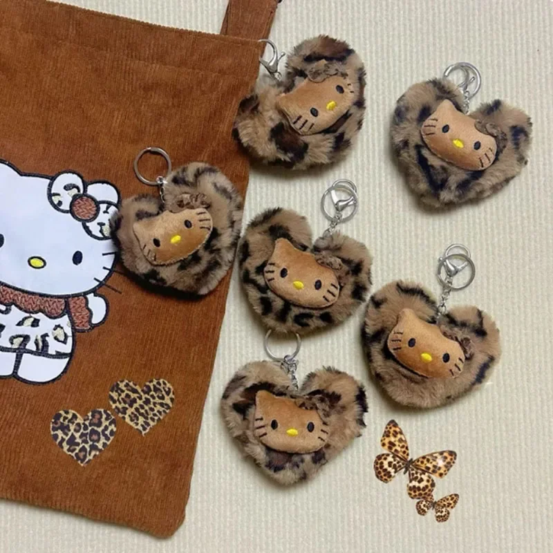 Kawaii Hello Kitty черная кожа леопардовый узор любовь плюшевый брелок ретро рюкзак с