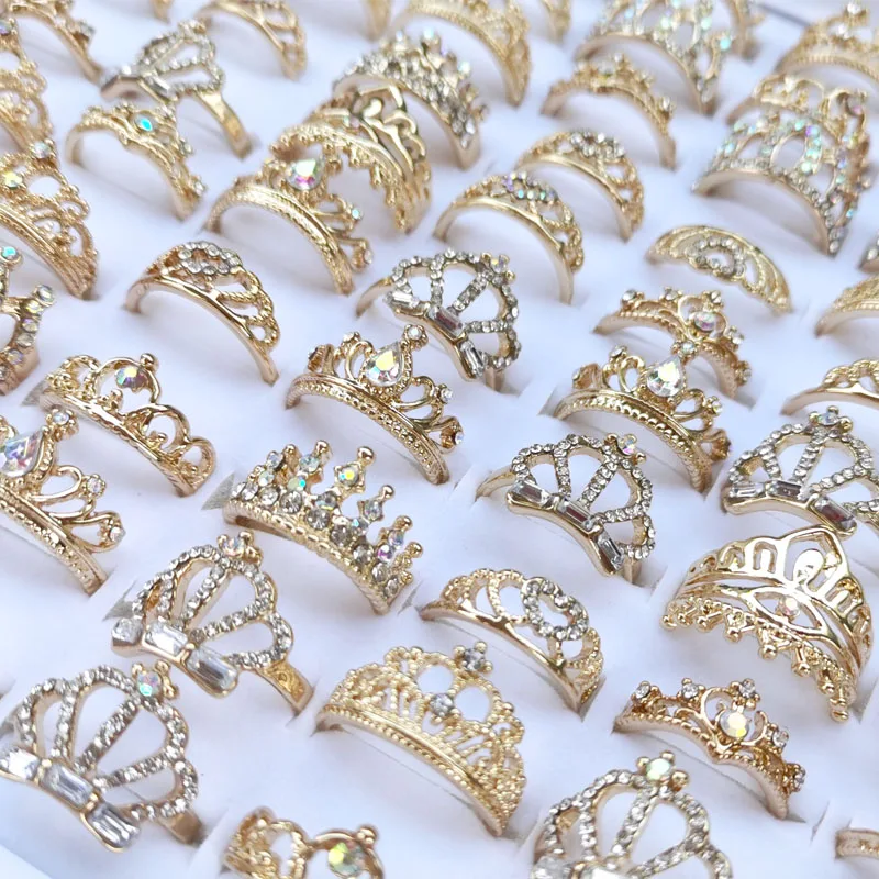 

30pcs Fashion Princess Crown Love Wedding Rings For Women Gold Silver DIY Ring Crystal Engagement Band Jewelry