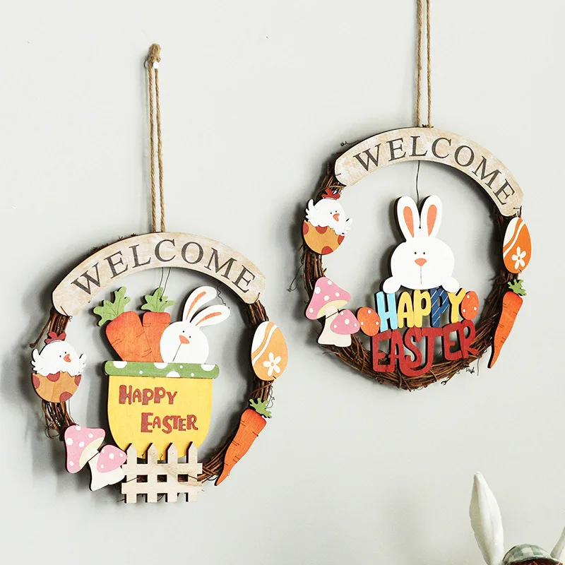 

28cm Easter Wooden Wreath Door Hanging Sign Easter Egg Wooden Bunny Door Pendant Ornament Happy Easter Crafts Ornaments for Home