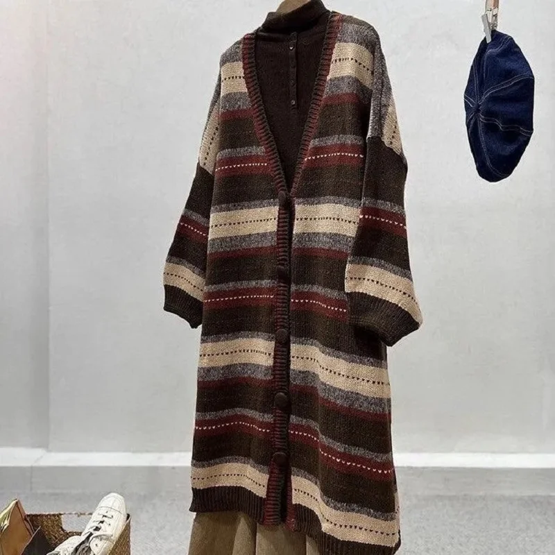 Женский вязаный жакет средней длины Свободный кардиган в японском стиле ретро