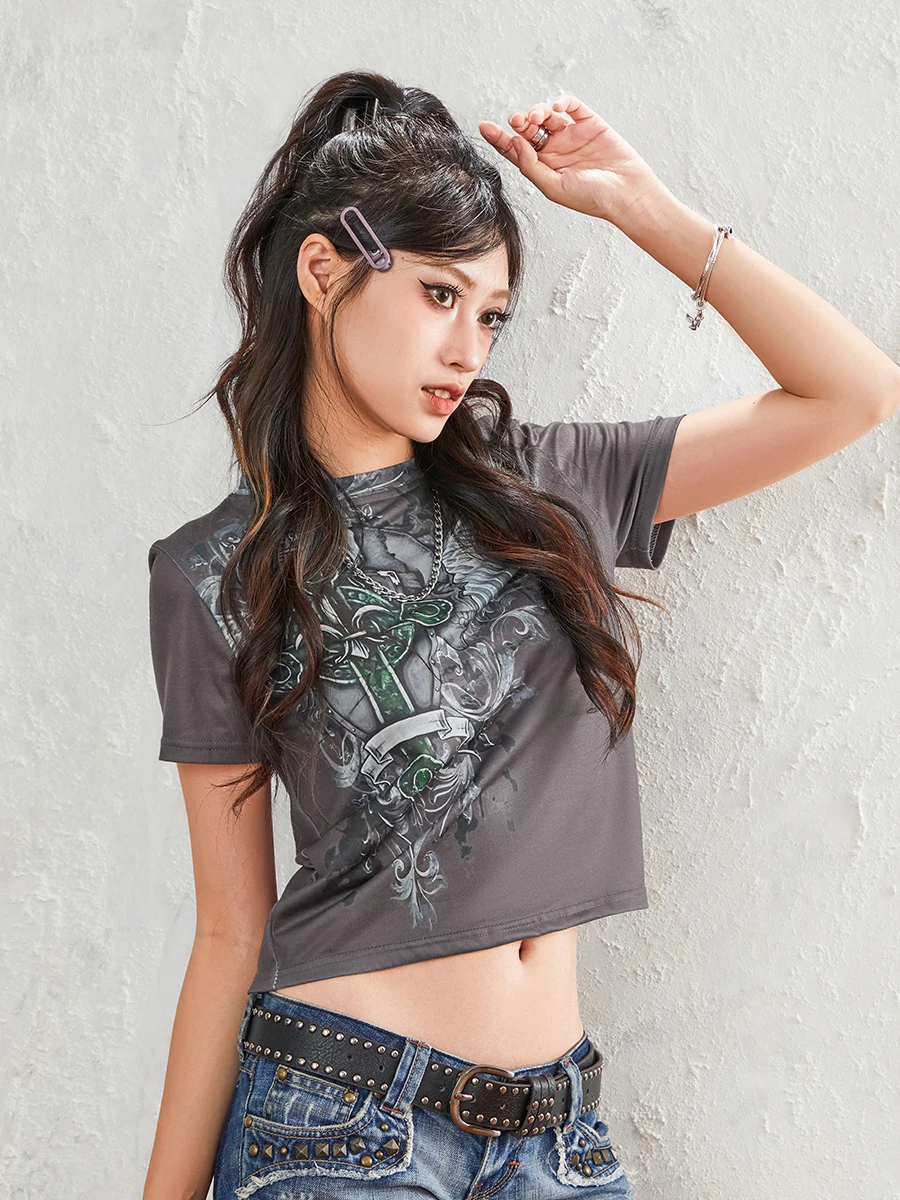 

Women Short Sleeve T-Shirts Fashion Print Crew Neck Shirts Summer Casual Slim Fit Tops Streetwear