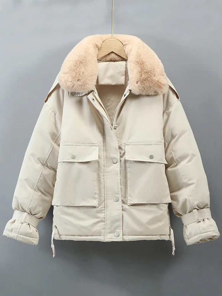 Short Fleece Liner Warm Parka Women Coat Winter Jacket Women Casual Thick Warm Parkas Ladies Lapel Fur Collar Solid Color Coat