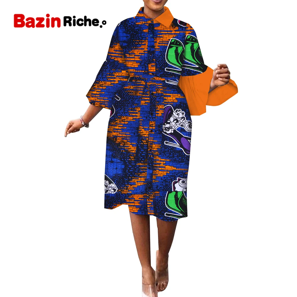 

African Clothes for Women Shirt Party Fashion Style Long Sleeve Adjust Belt Plus Size Clothing Bazin Dashiki Print Dress WY9424