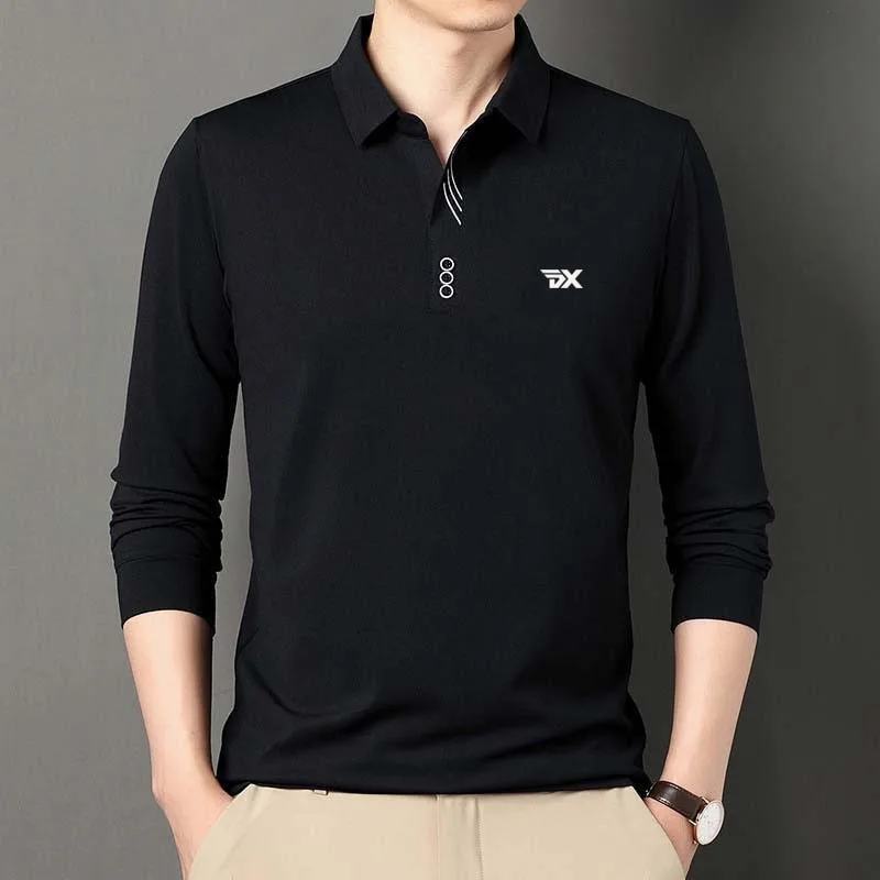 2023 Autumn New Solid Long sleeved Polo Shirt Golf Sports Men's Knitted Bottom Shirt Casual Business Loose Top