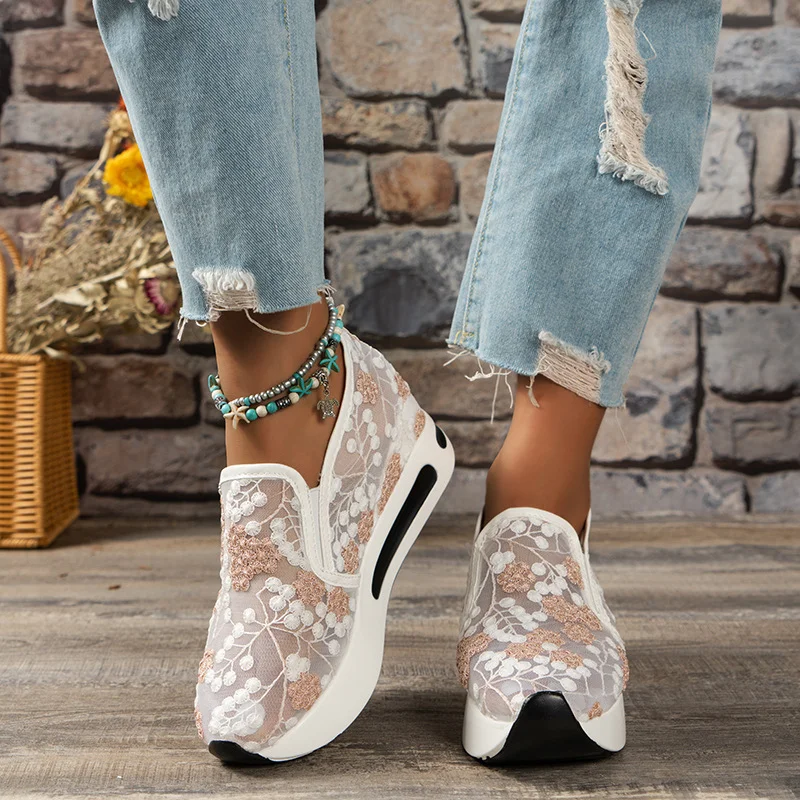 Women's Sneakers Floral Embroidery Mesh Sneakers for Women Slip on Casual Comfy Heeled Shoes Woman