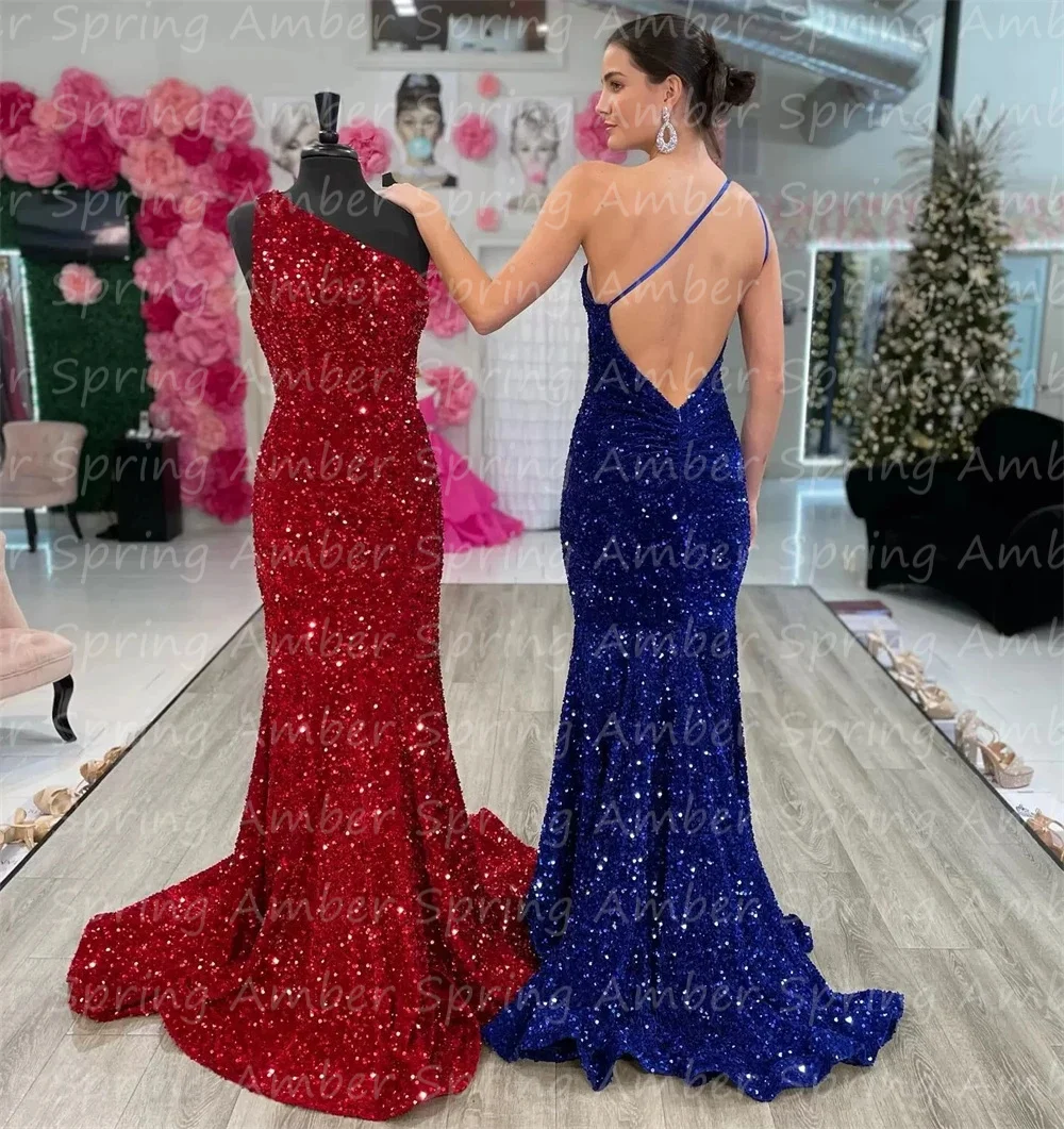 

Sparkly Backless Mermaid Evening Dresses Long Sequined One Shoulder Prom Gowns For Formal Party Lady Pageant Cocktail Maxi