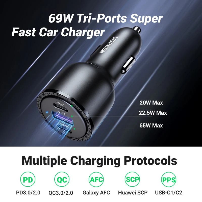 UGREEN 69W Car Charger USB Type C Dual Port PD QC 4.0 3.0 Fast Charging For Laptop Car Phone Charger For iPhone 14 13 12 Samsung