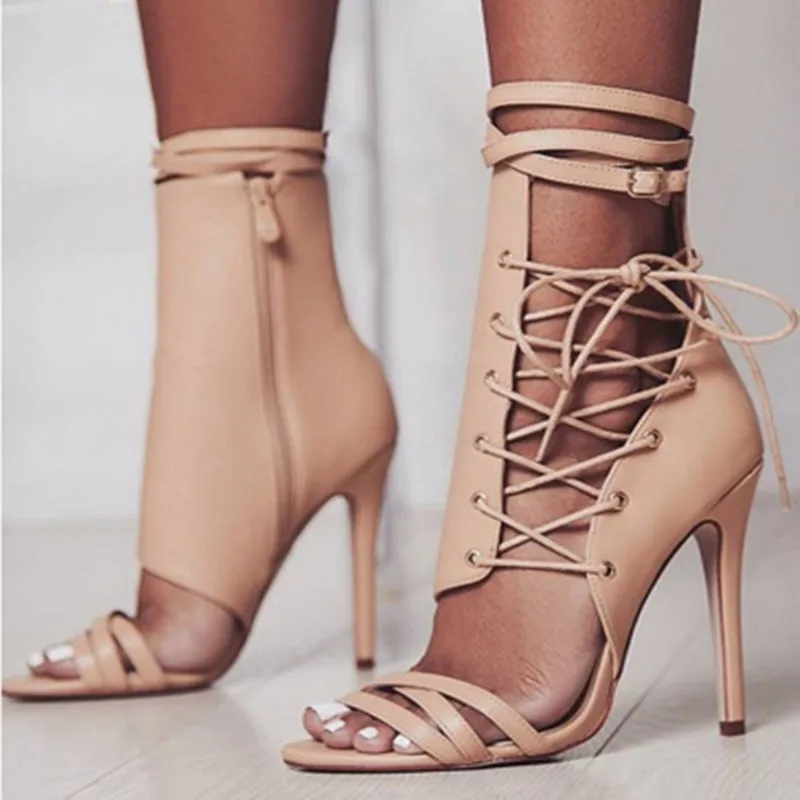 

Roman Buckle Strap Shoes Women Sandals Sexy Gladiator Cross-Tied Lace Up Peep Toe High Heels Ankle Boots Black Aprict