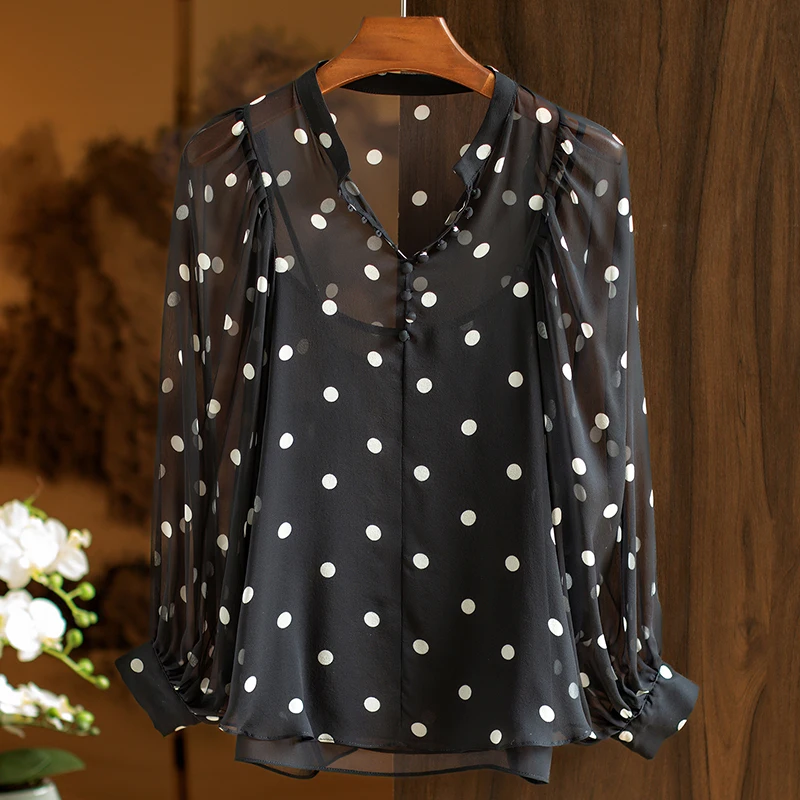 

Женская рубашка из натурального шелка, Элегантная блузка из двух предметов с V-образным вырезом и длинным рукавом, блузка в горошек для весны и лета, 100%