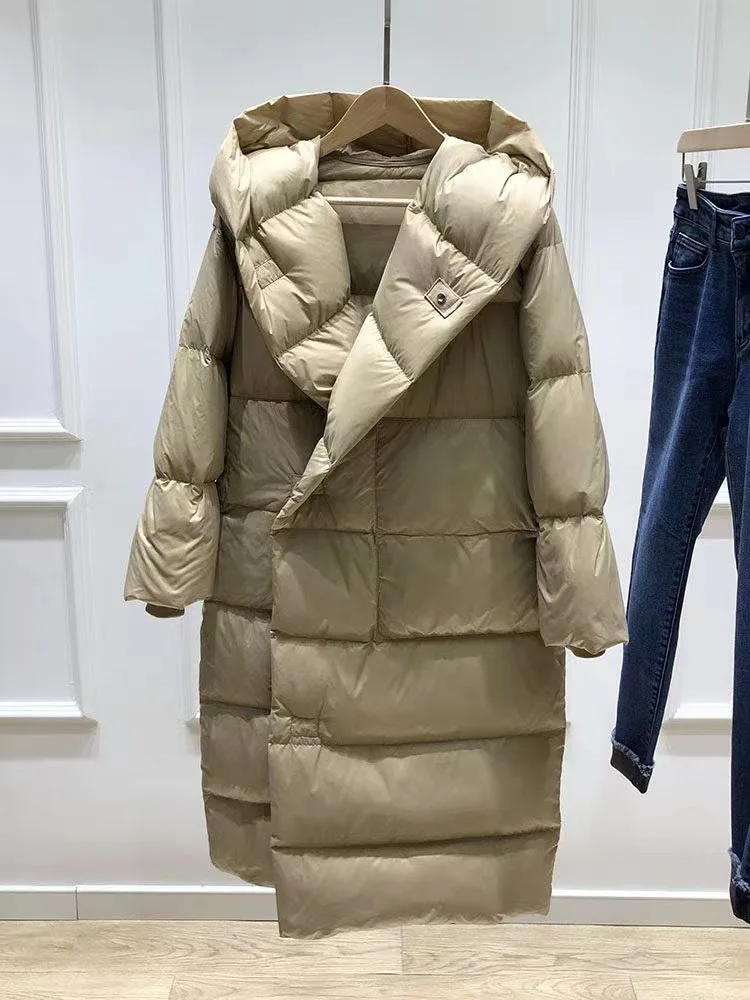 Long Over Knee Down Jacket Women Thick Loose Thin White Duck Down Hoodie Coat Winter Puffer Jacket