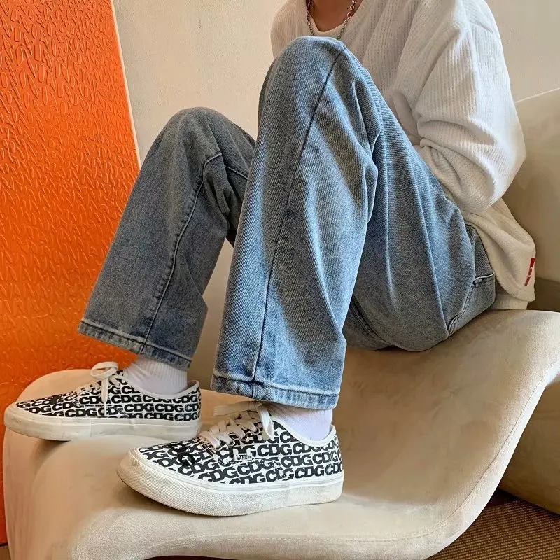 Blue/Grey Belt Jeans Men Fashion Retro Casual Straight Jeans Men Streetwear Loose Hip Hop Denim Pants Mens Trousers M-3XL