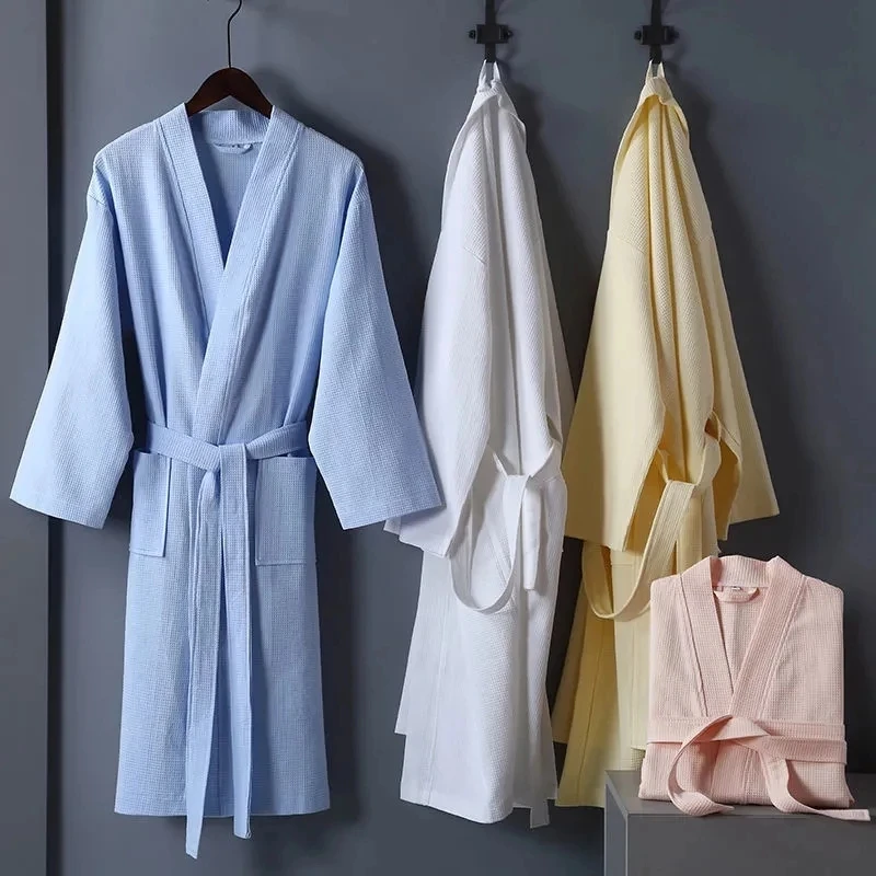 Women Towel Bathrobe 100%Cotton Long Thick Absorbent Terry Bath Robe Kimono Men LightWeight Waffle Solid Dressing Gown Sleepwear