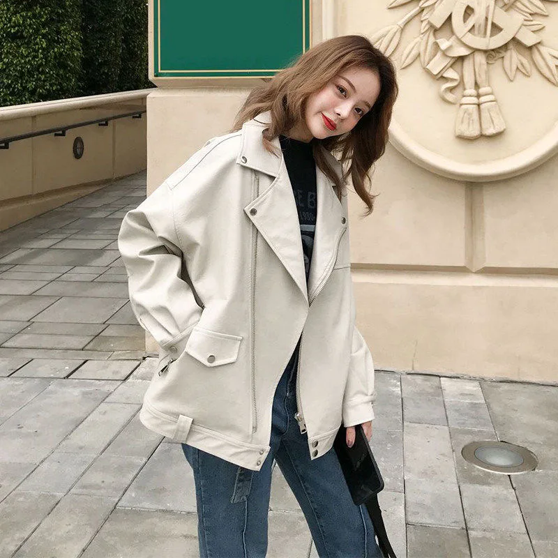 Winter Basic Warm Leather Women's Coat Spring, Autumn  Winter Korean  Loose Casual Motorcycle Jacket PU Leather Jacket Short