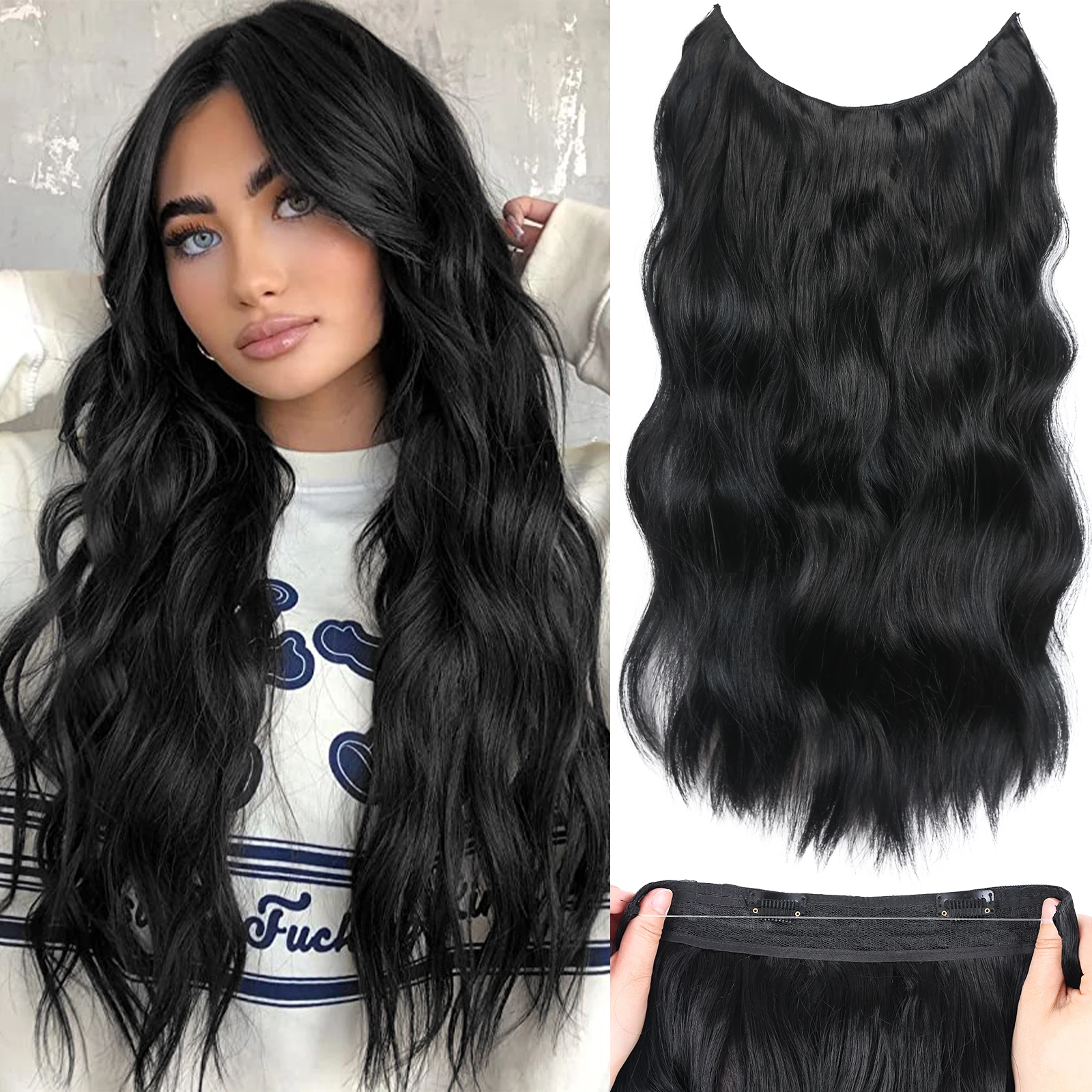 

Synthetic Clip Invisible Wire Hair Extensions 20Inch Long Wavy Natural Fish Line Layered Hairpiece Heat Resistant Fake Hairpiece