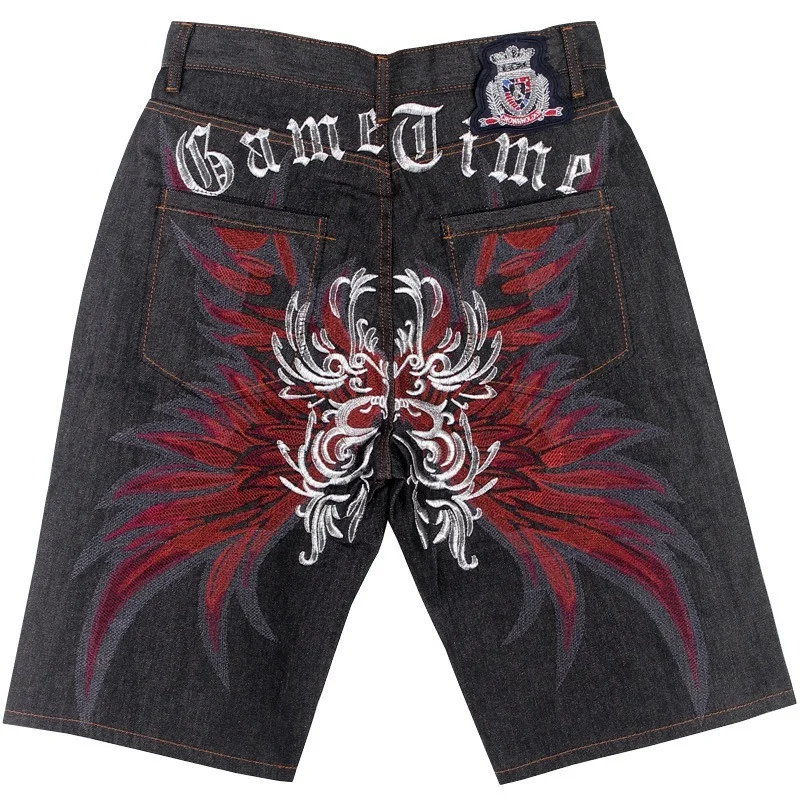 Men's Wide Leg Denim Shorts Loose Straight Skating Pants Embroidered Hip Hop Crop Jeans Plus Size