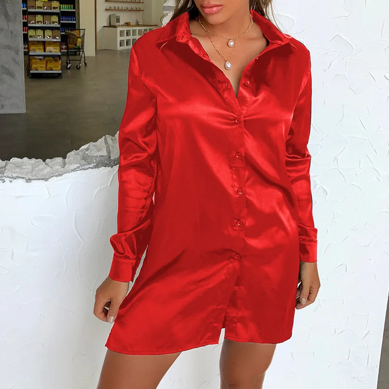 

2022 Autumn Women's Popular Shirt Temperament Non Wrinkle Long Sleeve Slightly Fat Hot Girl Solid Dress