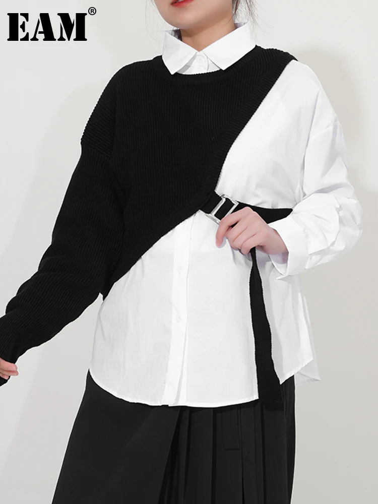 

[EAM] Women White Color-block Knitting Big Size Blouse New Lapel Long Sleeve Loose Fit Shirt Fashion Spring Autumn 2022 1DC01900