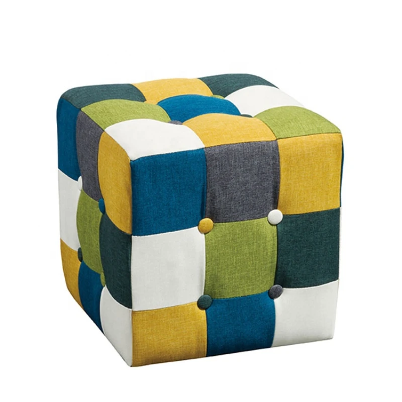 

wooden Patchwork Pouf Puff square ottoman footrest, colorful magic shoes cube stool
