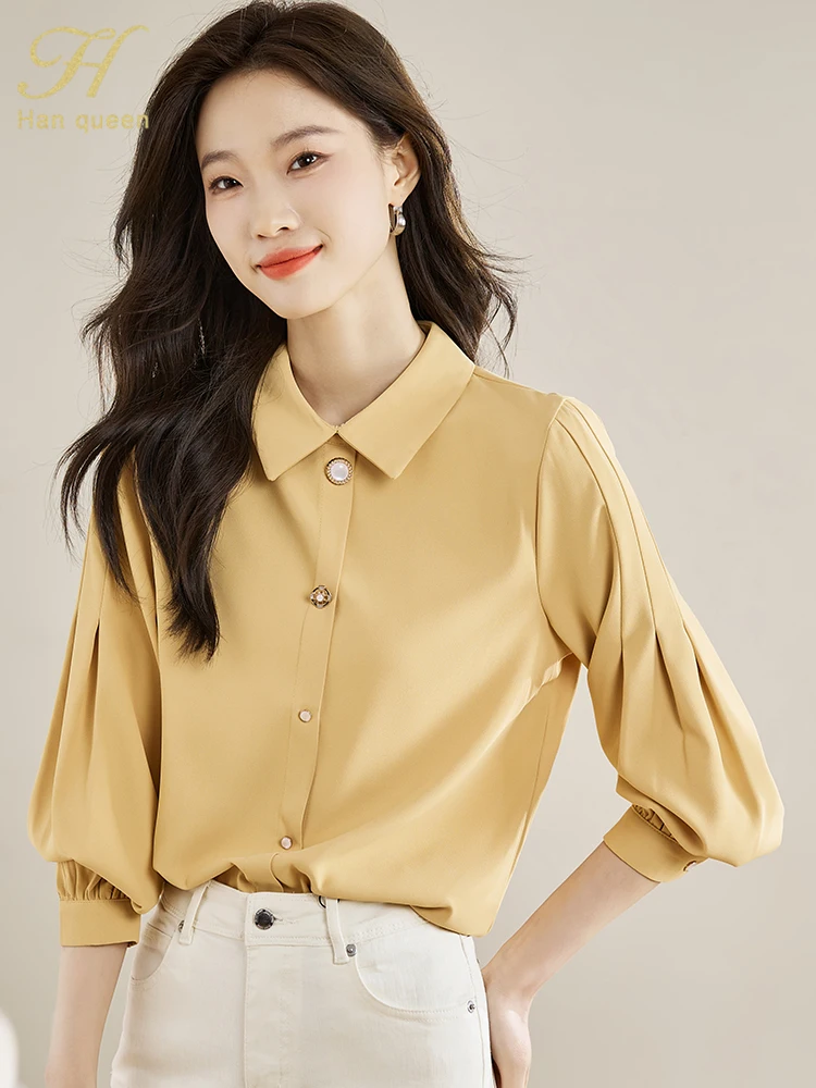 H Han Queen Элегантные блузки для женщин Простой корейский топ Повседневная блузка