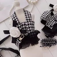 Houndstooth Vest Traction Rope Fashion Bowknot Dog Belt Small Dog Chain Black White Plaid Seat Belt Chihuahua Yorkshire Coat