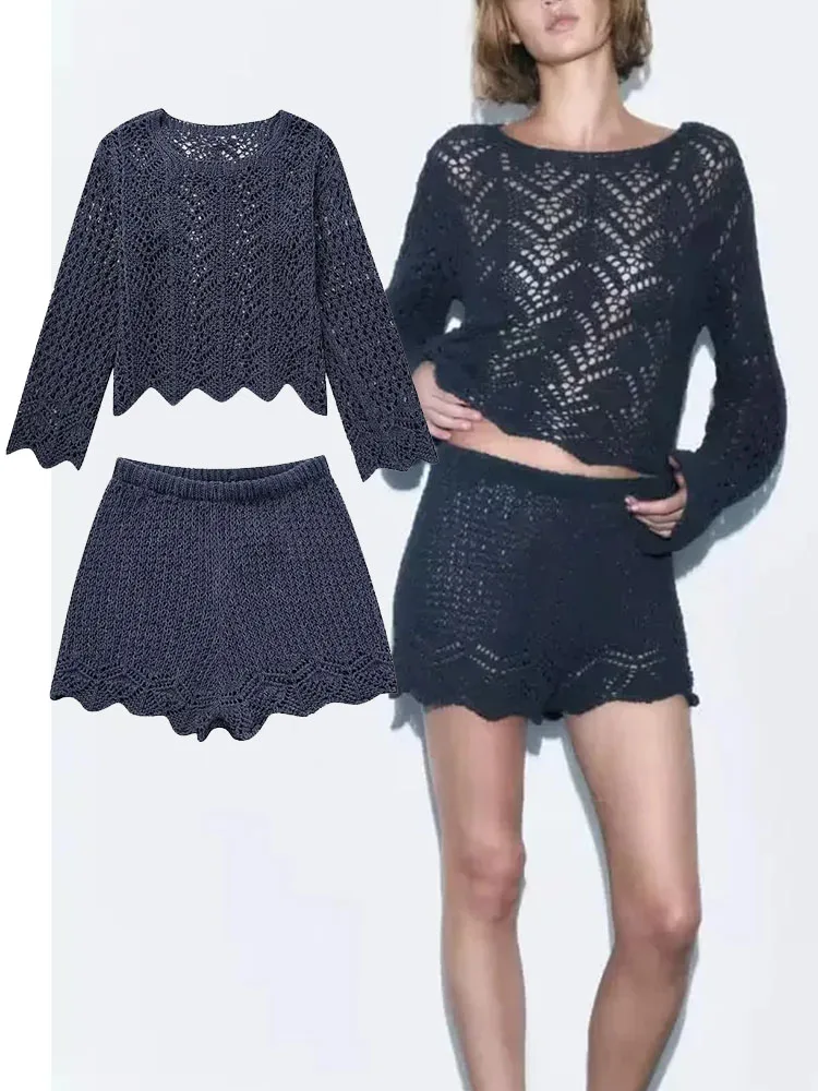 

TRAF Autumn Woman Knitted Suits Long Sleeve Crop Tops+Elastic Waist Single Breasted Decorate Skirts Female Casual Skirts Sets