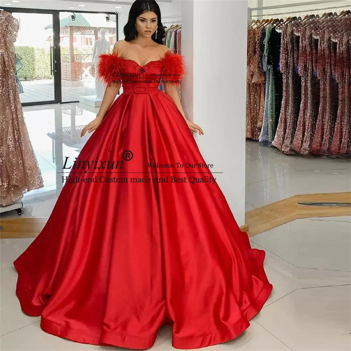 

Arabic Dubai Red Satin Prom Dress Feather Off Shoulder Women Party Evening Gowns Pleats Ruffles Court Train Robe De Soiree