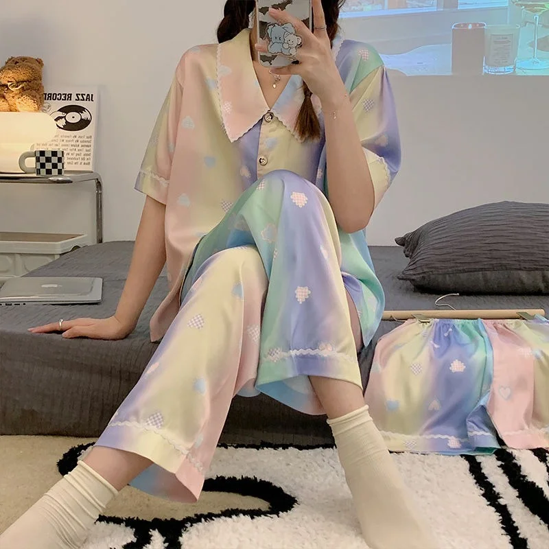 QWEEK Three Pieces Women's Satin Pajamas Summer Sleepwear Japanese Sweets Trouser Suits Print Suits with Shorts Home Wear