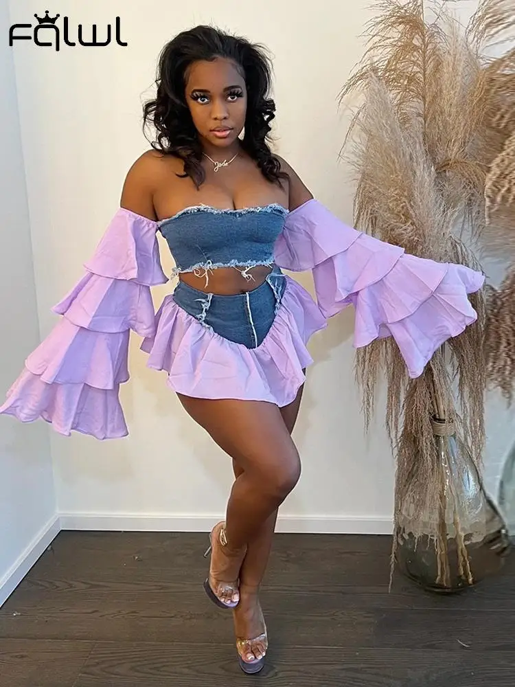 

Habbris Summer Sexy Two 2 Piece Set Women Outfits 2022 Yellow Long Sleeve Strapless Crop Top Patchwork Mini Skirts Matching Sets