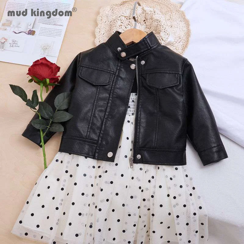 

Mudkingdom Girls Jackets Punk PU Coat Long Sleeve Button Zipper Leather Tops Toddler Motorcycle Stylish Clothing Spring Autumn