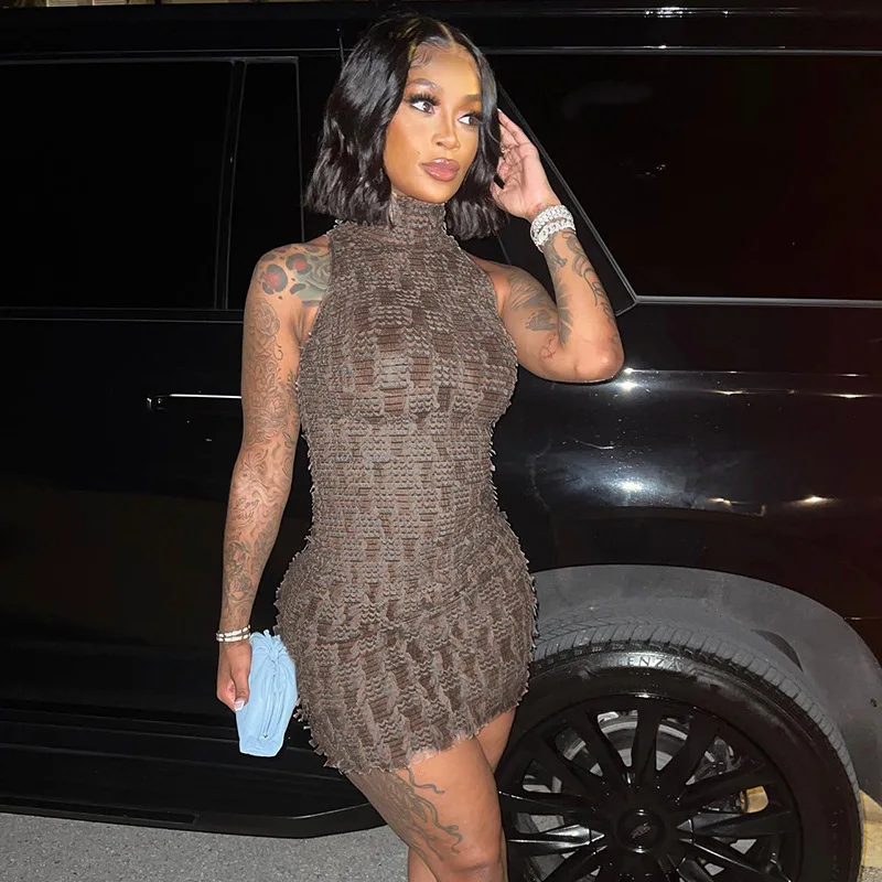 

K22DS351 European and American Fashion Women's Autumn New Special Fabric High Neck Sleeveless Wrapped Hip Slim Fit Dress